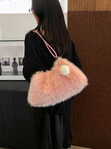 حقيبة خياطة كبيرة السعة بسحاب، تصميم سلسلة مزخرفة بالفرو الاصطناعي وتصميم نطافة، حقيبة كتف/ إبطية نمطية بسيطة مع زخارف صغيرة، مناسبة للاستخدام اليومي للنساء