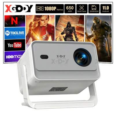 XGODY A6 Pro Projector 4K Support Native 1080P HD Built In Android 11 650 ANSI With 1GB RAM+32GB ROM Storage 135° Rotation Portable Projector, Auto Keystone Correction WiFi6 Voice Assistant Mini Projector Compatible For Smartphone/Tablet/PC