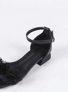 3cm Women's Black Low Heel Square Toe Bridal Sandals With Elegant Faux Pearl Flower Decor, Fashionable & Comfortable