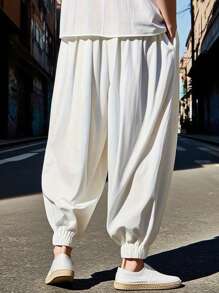 New Men's Loose Japanese/Korean Style Linen Lantern Pants, Drawstring Waist Linen Cropped Harem Pants, Casual Trousers, Fall