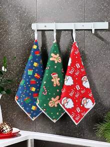 3 piezas de paños de limpieza de poliéster súper suaves con temática navideña de dibujos animados, toallas tejidas cuadradas adecuadas para la cocina y el baño, absorbentes y sin pelusa, herramientas de limpieza navideñas multifuncionales