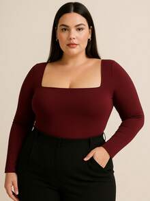 Women's Long Sleeve Bodysuit With Square Neckline, Basic, Casual, Chic, Elegant, Stylish, Spandex - 酒紅色 - 查看 3