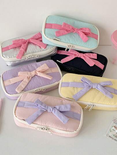 1 件多巴胺蝴蝶结大容量铅笔盒、化妆包、文具收纳袋、便携式铅笔盒、化妆刷收纳、零钱收纳、时尚、多功能、轻便、外出携带方便、返校礼物
