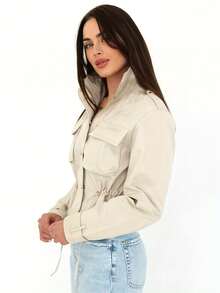 女士时尚短款夹克，时尚短款夹克，新款春秋薄款外套，长袖全拉链纽扣薄款夹克，带口袋，抽绳腰部时尚夹克，机车夹克 - 杏色 - 查看 2