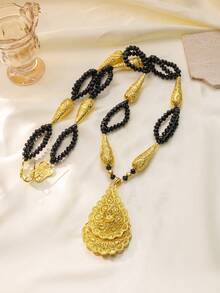 Herseygold 1pc Fashionable Beaded Necklace Pendant, Gold-Plated Jewelry, Algerian Wedding Bridal Long Necklace For Women - Gold - View 11