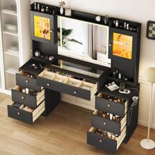 Bvldfamly 63 Inch Large Vanity Desk With Mirror & Lights, Glass Top Makeup Vanity Desk With Charging Station, 7 Storage Drawers, 2 RGB Light Cabinets, 3 LED Light Modes, Makeup Table For Women,Girls