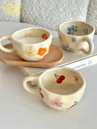 Hand-Painted Ditsy Floral Ceramic Coffee Mug, Couple Flower Pattern High-Quality Breakfast Cup, Cherry Blossom & Tulip Ceramic Teacup Back To School