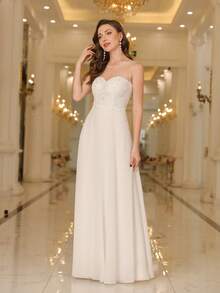 Babyonlinedress Guipure Lace Insert Pearls Beaded Chiffon A-Line Prom Bridesmaid Dresses,Formal Wedding Guest Gown, For Graduation, Homecoming,Dinner - Màu be - Xem 3