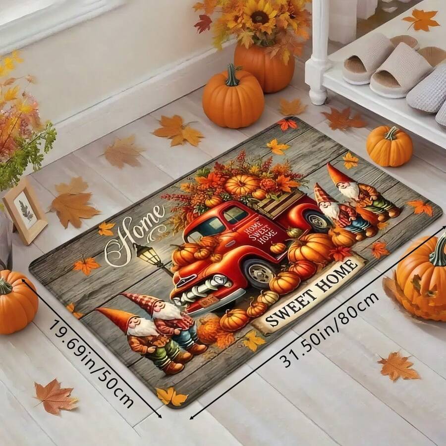 1 pieza Felpudo vintage con estampado de camión y calabaza para Acción de Gracias, felpudo de cocina suave y antideslizante, alfombra de entrada festiva y acogedora, tapete de decoración rectangular de baja pila para sala de estar, dormitorio, cocina, lavandería, baño
