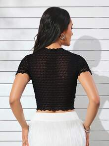 Pack set 2 dos piezas crop top mini playera encaje dama mujer manga corta cuello redondo casual moderna mesh transparente fresco ligero femenino verano juvenil primavera transparencia bohemia sutil geométrico - Blanco y Negro - Ver 3