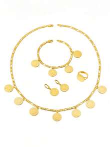 Bộ 5 món trang sức thời trang hình đồng xu cá nhân hóa, mặt dây chuyền, hoa tai, nhẫn, vòng tay, phụ kiện đồng xu vàng - Vàng - Xem 4