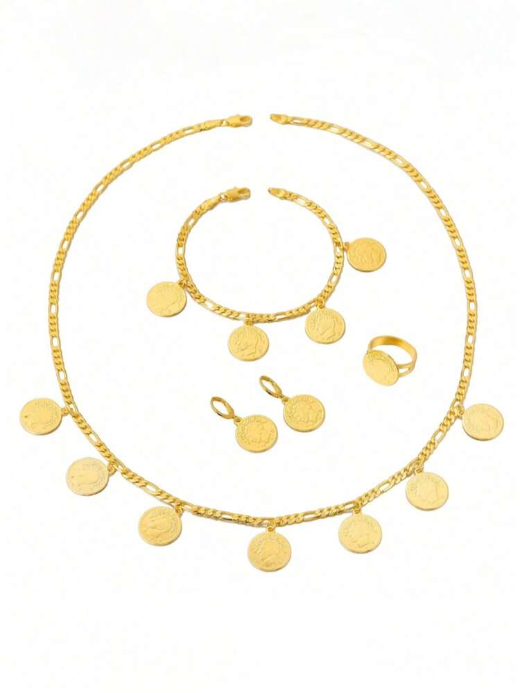 Bộ 5 món trang sức thời trang hình đồng xu cá nhân hóa, mặt dây chuyền, hoa tai, nhẫn, vòng tay, phụ kiện đồng xu vàng - Vàng - Xem 4