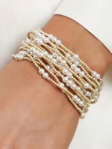 4/5/6/11pcs Set Of Gold Bracelets With Stacked Pearl Bracelets For Women And Girls, Gold-Plated Elastic Bead Ball Bracelet Set, Holiday Birthday Gift Jewelry