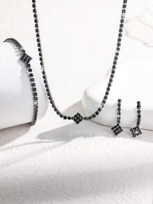 3pcs Women's Elegant Luxury Fashion Jewelry Set, Rhinestone Necklace + Earrings + Bracelet, Graceful And Generous, Best Accessory For Wedding, Gala, Party - Black - View 2