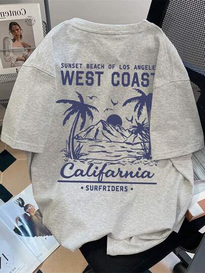 男童休闲印花T恤，户外自然图案，夏季海滩风，圆领短袖T恤，童装，新款男童夏季上衣