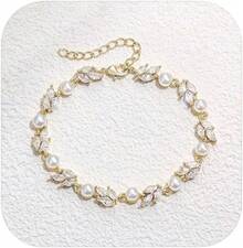 Crysdue Wedding Bridal Link Bracelet Brides Bridesmaids, Marquise Cubic Zirconia Tennis Bracelets Women Prom Jewelry - E_珍珠+立方氧化鋯,金 6.3-7.87 英寸 - 查看 1