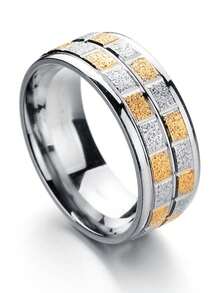 1 件永久不褪色格子水钻金色不锈钢戒指，情侣首饰，男友生日礼物