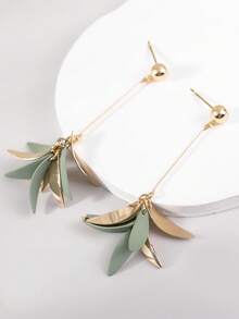 1 Pair Fashionable High-End Elegant Pink, Green, Black, Orange, Rose Red, Purple, Red, Ginger Yellow Colorful Dopamine Spray Paint Petal, Water Drop, Leaf, Tassel Long Earrings For Women, Delicate & Sweet, Suitable For Spring/Summer, Beach, Holiday Gift - Green - View 2