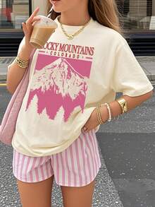 1 件青少年女孩休闲套头短袖 T 恤，适合海滩/海边穿着 - 杏色 - 查看 3