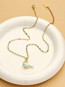 1件海洋生活海滩度假系列【海龟、海豚、章鱼、海星】吊坠项链，休闲时尚优雅可爱，铜材质镶嵌锆石，不锈钢唇链，适合女性日常佩戴 - 海豚2 - 查看 3