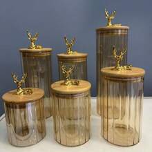 3pcs/Set Glass Storage Jars, Striped Glass Containers With Bamboo Lids, Creative Deer Design, Home Organizer Bottles - Clear - View 2