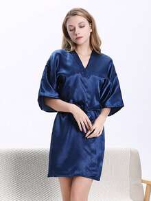 1 szt. Damski, modny, sztuczny jedwabny szlafrok kimono z dekoltem w serek i wiązaniem w talii, krótki rękaw, piżama