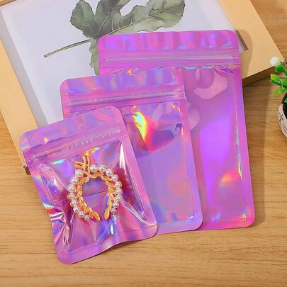 10pcs Creative Design Laser Rainbow Bag Can Be Resealed Plastic Packaging Bag, Multifunctional Cosmetics, Jewelry Display Storage Bag, Suitable For Bedroom, Storage, Bathroom, Perfect Daily Necessities