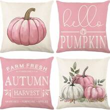4 pezzi Federe con motivo zucca rosa, decorazione per interni ed esterni, motivo parabolico, federe per cuscini e coperte, federe autunnali stile fattoria, federe per cuscini da camera da letto e divano a tema Ringraziamento e raccolto, stampa su un lato, inserti per cuscini non inclusi - Rosa - Visualizzare 7