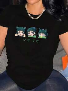 Oversized Women's Black T-Shirt With Anime Cat Girls Print & MAO MAO Text | Casual Streetwear For Daily Wear, Parties & Anime Events | Fast Delivery - 黑色 - 查看 1