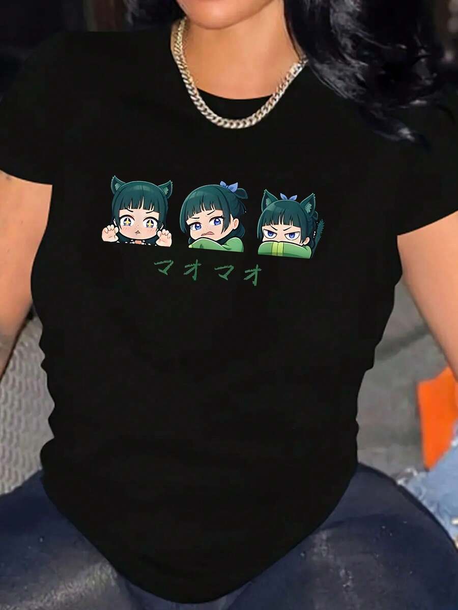 Oversized Women's Black T-Shirt With Anime Cat Girls Print & MAO MAO Text | Casual Streetwear For Daily Wear, Parties & Anime Events | Fast Delivery - 黑色 - 查看 1