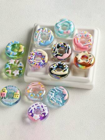 10pcs Mixed Acrylic Hand-Painted Cute Doughnut Design Beads For DIY Phone Charm, Keychain, Jewelry Making - Each Piece Is Unique