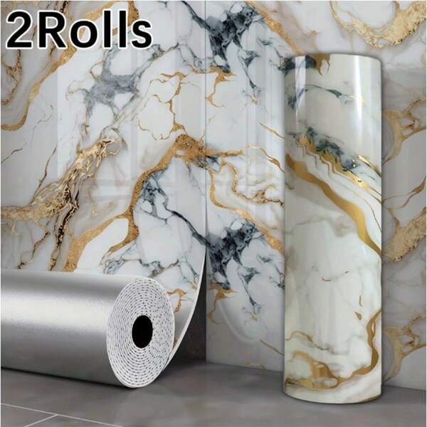 2 Rolls Glossy Marble Effect Self-Adhesive Wallpaper, Full-Coverage Decorative Wall Stickers, Home Renovation Foam Wallpaper, Suitable For Living Rooms, Bathrooms, Kitchens And Dormitories. 40cm*3m / 15.75 Inches*118.11 Inches.