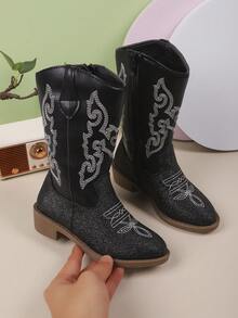 秋冬新款儿童靴子，刺绣时尚西部牛仔靴，尖头粗跟轻便时尚踝靴，适合大童女童户外、聚会、玩耍