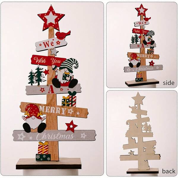 1 pieza Decoración de árbol de Navidad de madera, para escritorio, oficina, fiesta, bandeja escalonada, decoración de mesa (Feliz Navidad)