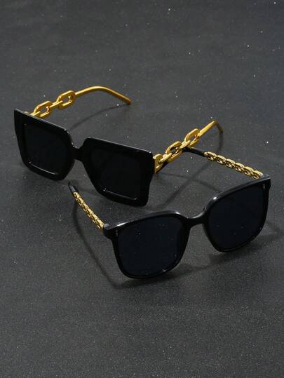2pcs Women's Square Fashion Glasses, Suitable For Daily Life, Beach Vacation, Outdoor Travel, With Decorative Chain, Vintage Style Black Glasses, Adult Party Gift, Holiday Accessory, Basic Style For Autumn/Winter Casual Outfit, Business Casual, Beach Accessories, All-Season Women's Fashion Glasses