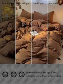 3pcs Solid Color Washed 100% Cotton Soft Bedding Set - Brown - View 11