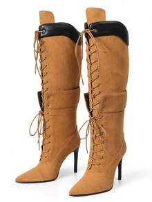 Women Flock Knee High Boots Pointed Toe Lace Up Stiletto High Heel Sexy Luxury Elegant Dress Mature Women Shoes - 黃色 - 查看 2