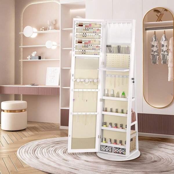 LILIIN Armoire à bijoux et miroir 3 en 1, pivotante à 360°, 161 x 54,5 x 10 cm, verrouillable, miroir pleine longueur, blanc/noir