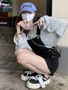 純色休閒拉鍊口袋鈕扣鉚釘裝飾女款牛仔吊褲黑色夏季 - 黑色 - 查看 8