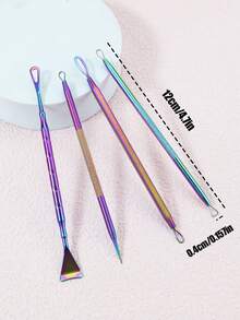 4 件套不锈钢祛痘工具套装，黑头和粉刺粉刺提取器套装（带盒），美容化妆工具套装 - 彩色 - 查看 5