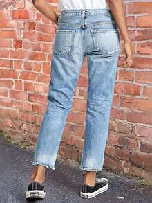 Women's Casual Washed Low Waist Straight Leg Jeans, Autumn - Navy Blue - View 2