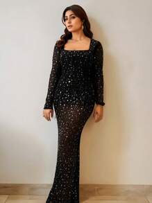 时尚华丽闪亮水钻方领长袖优雅性感派对舞会礼服、婚礼宾客礼服