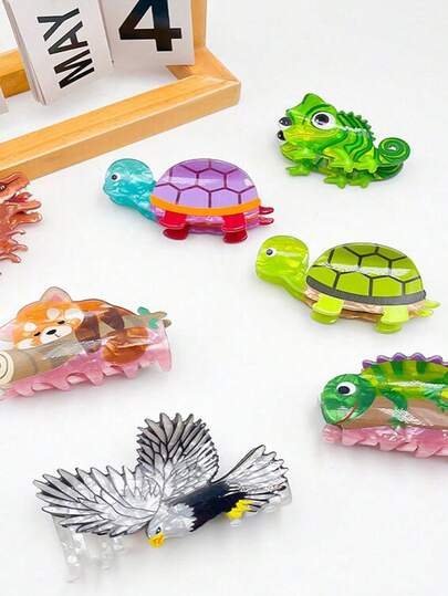 1 pieza Pinza de pelo de acrílico con diseño de animal de dibujos animados (dinosaurio/tiburón/águila/lagarto/tortuga), accesorios de pelo de diseño único