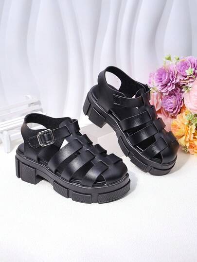 夏季儿童黑色高跟鞋，女童时尚罗马凉鞋，厚底凉鞋，优雅公主鞋，适合日常购物、参加派对和婚礼