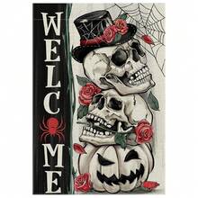 1PC Welcome Decor Garden Flag With Skull And Spider Web Design Perfect For Halloween Garden Displays In Bright Daylight Create A Spooky Atmosphere With Roses Jack Lantern And Elegant Top Hat 11.81x17.72inch - 彩色 - 查看 10