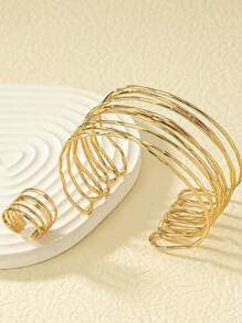 Set de 2 piezas de anillos asimétricos de línea geométrica exagerada y brazalete de estilo punk, adecuado para uso diario de mujeres, fiestas y reuniones