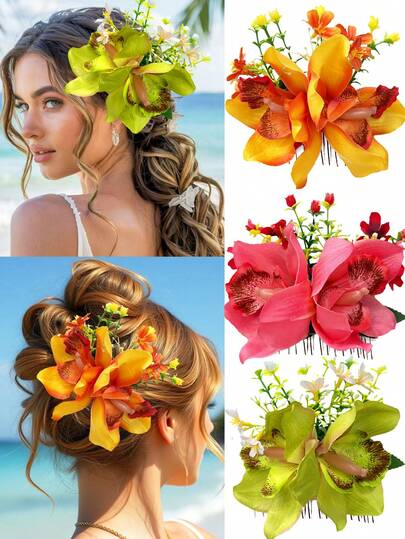 New Bohemian Imitation Fabric Orchid Flower Hair Comb, Beach Resort Bridal Hair Accessory, Combs, Hair Comb, Combs For Hair, Side Comb, Hair Accessories, School Stuff, Head Accessories, Wedding