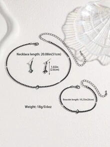 3pcs Women's Elegant Luxury Fashion Jewelry Set, Rhinestone Necklace + Earrings + Bracelet, Graceful And Generous, Best Accessory For Wedding, Gala, Party - Black - View 4