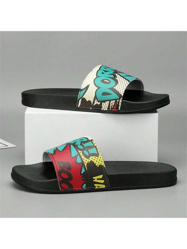 Men's Summer Graffiti Slippers, Indoor Outdoor Beach, Casual Black Soft Sole Couple Thong Sandals, Random Graffiti Pattern