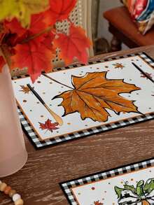 1pc/2pcs/4pcs/600pcs Thanksgiving Pumpkin & Maple Leaf Polyester Placemats - White Base With Black & White Bordered Frame, Paired With Orange Pumpkin And Maple Leaf Patterns, Accentuating Autumn Colors And Holiday Ambiance, Suitable For Thanksgiving Gatherings, Home Dining, Kitchen Decor And More - Multicolor - View 9